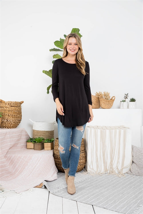 PPT20688-ROUND NECK QUARTER SLEEVE DOLPHIN HEM TOP 2-3-3-0