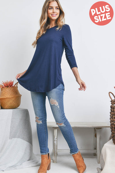 PLUS SIZE ROUND NECK QUARTER SLEEVE DOLPHIN HEM TOP 3-2-1