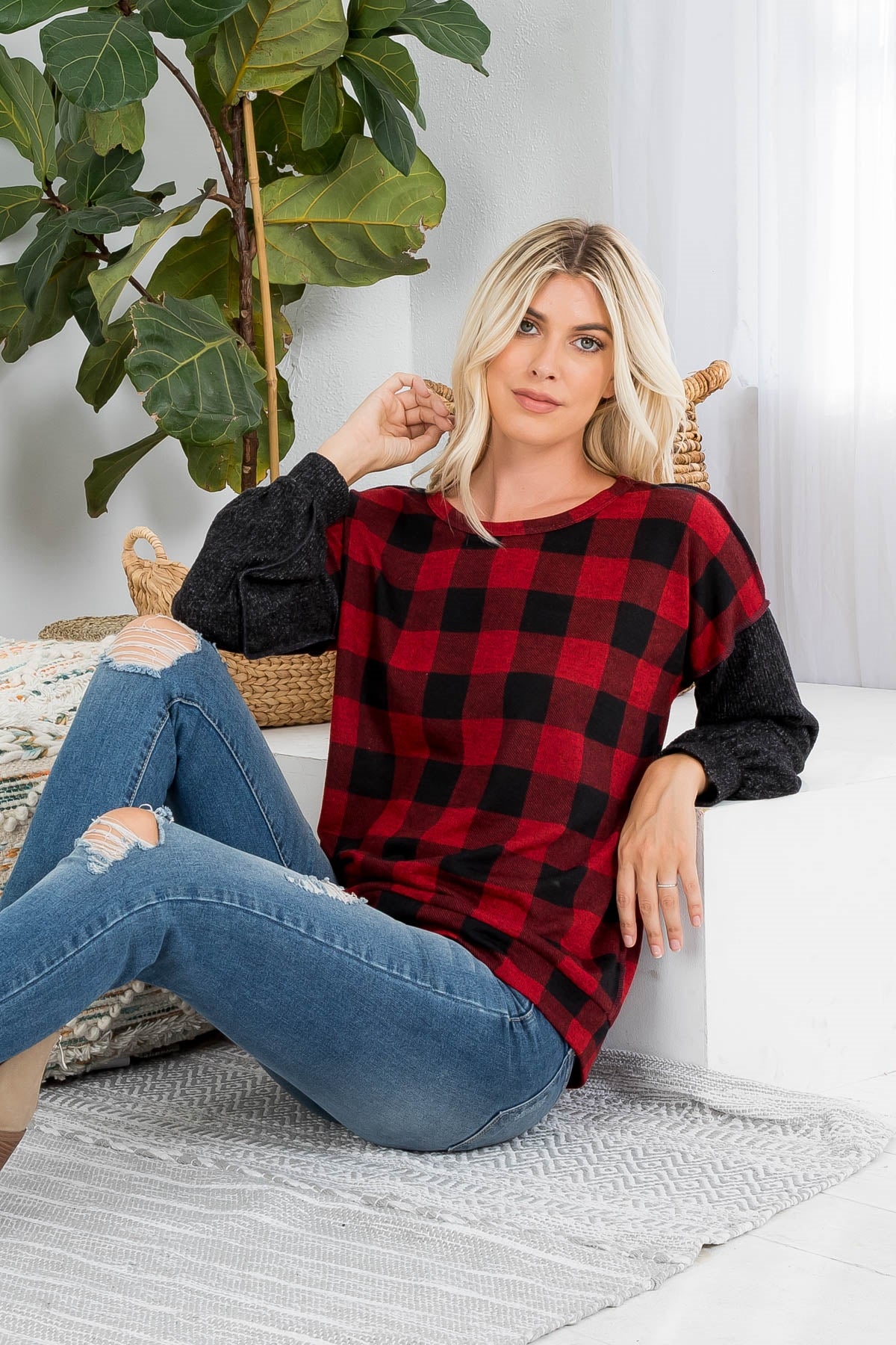 OVERLOCK STITCH PLAID LONG SLEEVE TOP 1-2-2-2