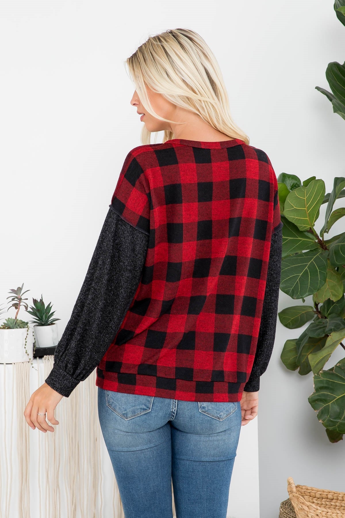 OVERLOCK STITCH PLAID LONG SLEEVE TOP 1-2-2-2