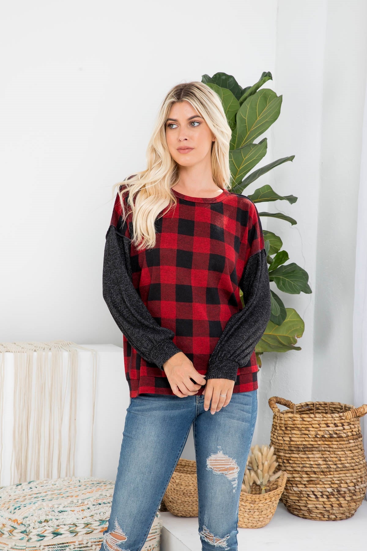 OVERLOCK STITCH PLAID LONG SLEEVE TOP 1-2-2-2