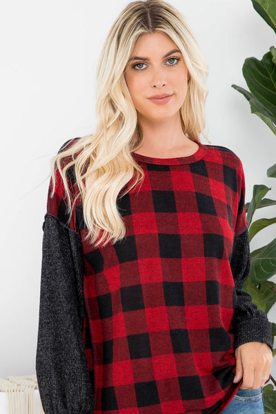 OVERLOCK STITCH PLAID LONG SLEEVE TOP 1-2-2-2