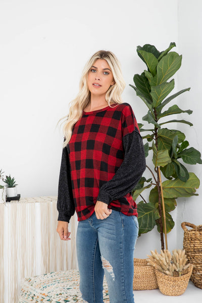 OVERLOCK STITCH PLAID LONG SLEEVE TOP 1-2-2-2