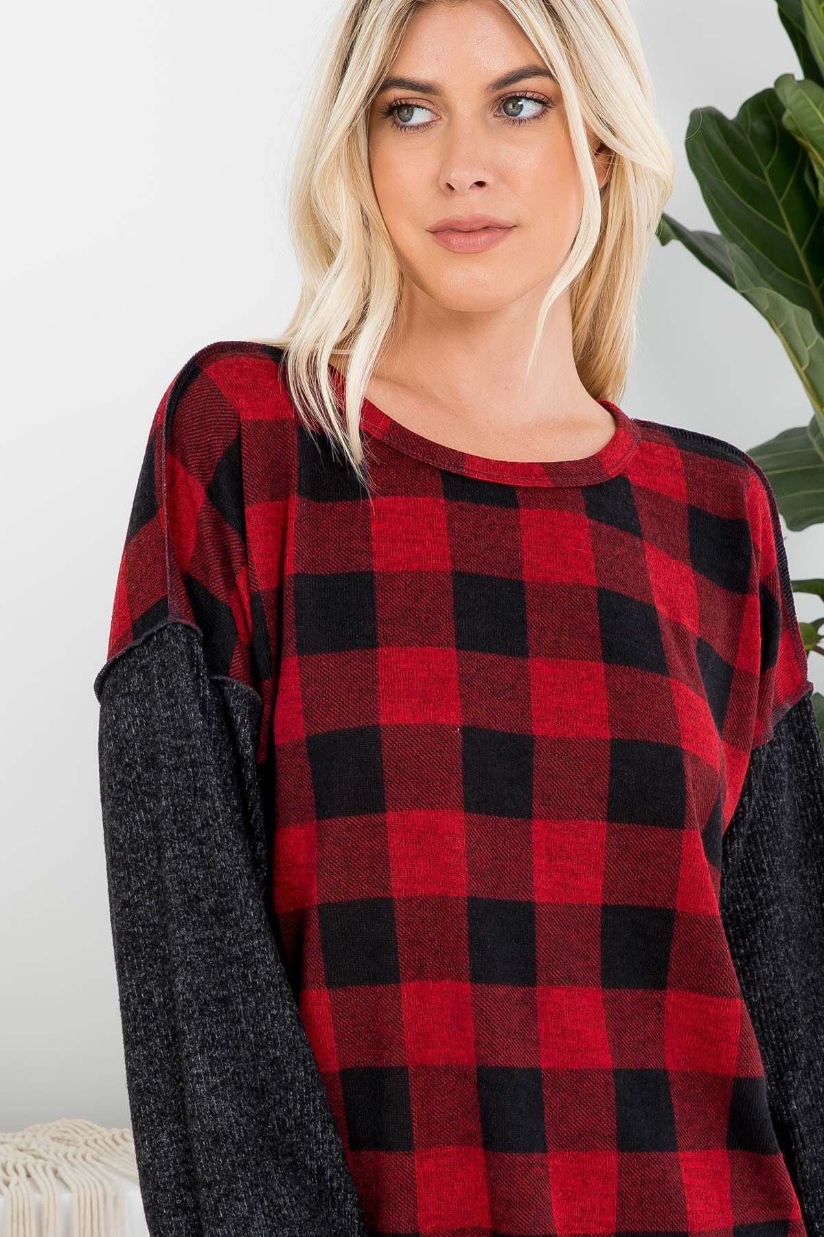 OVERLOCK STITCH PLAID LONG SLEEVE TOP 1-2-2-2