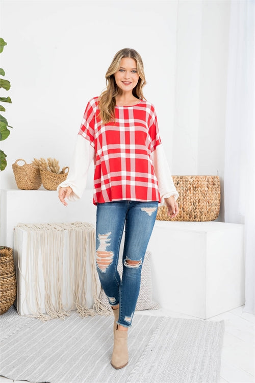 PPT20822-KNIT ELASTIC BAND LONG SLEEVE PLAID TOP 1-2-2-2
