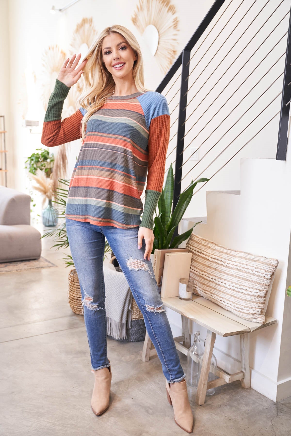 MULTI-COLOR WAFFLE SLEEVE STRIPES RIB TOP 1-2-2-2 (NOW $5.75 ONLY!)