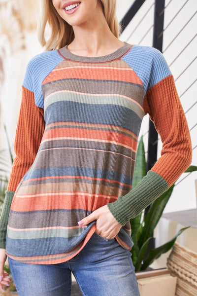 MULTI-COLOR WAFFLE SLEEVE STRIPES RIB TOP 1-2-2-2 (NOW $5.75 ONLY!)