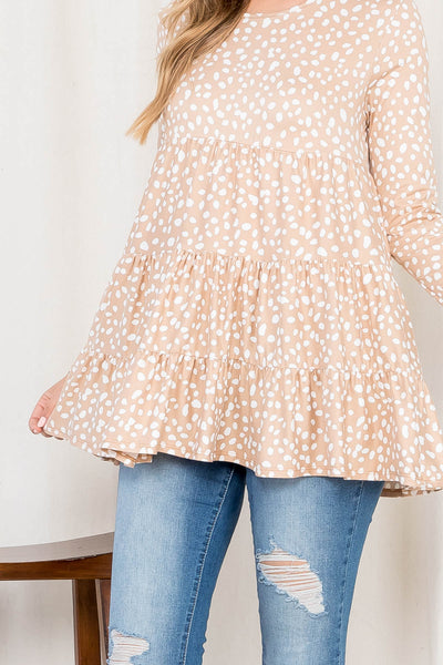 PLUS SIZE DALMATIAN PRINT LONG SLEEVE TIERED RUFFLE TOP 3-2-1