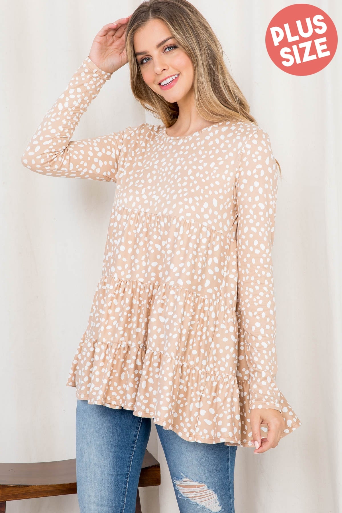 PLUS SIZE DALMATIAN PRINT LONG SLEEVE TIERED RUFFLE TOP 3-2-1