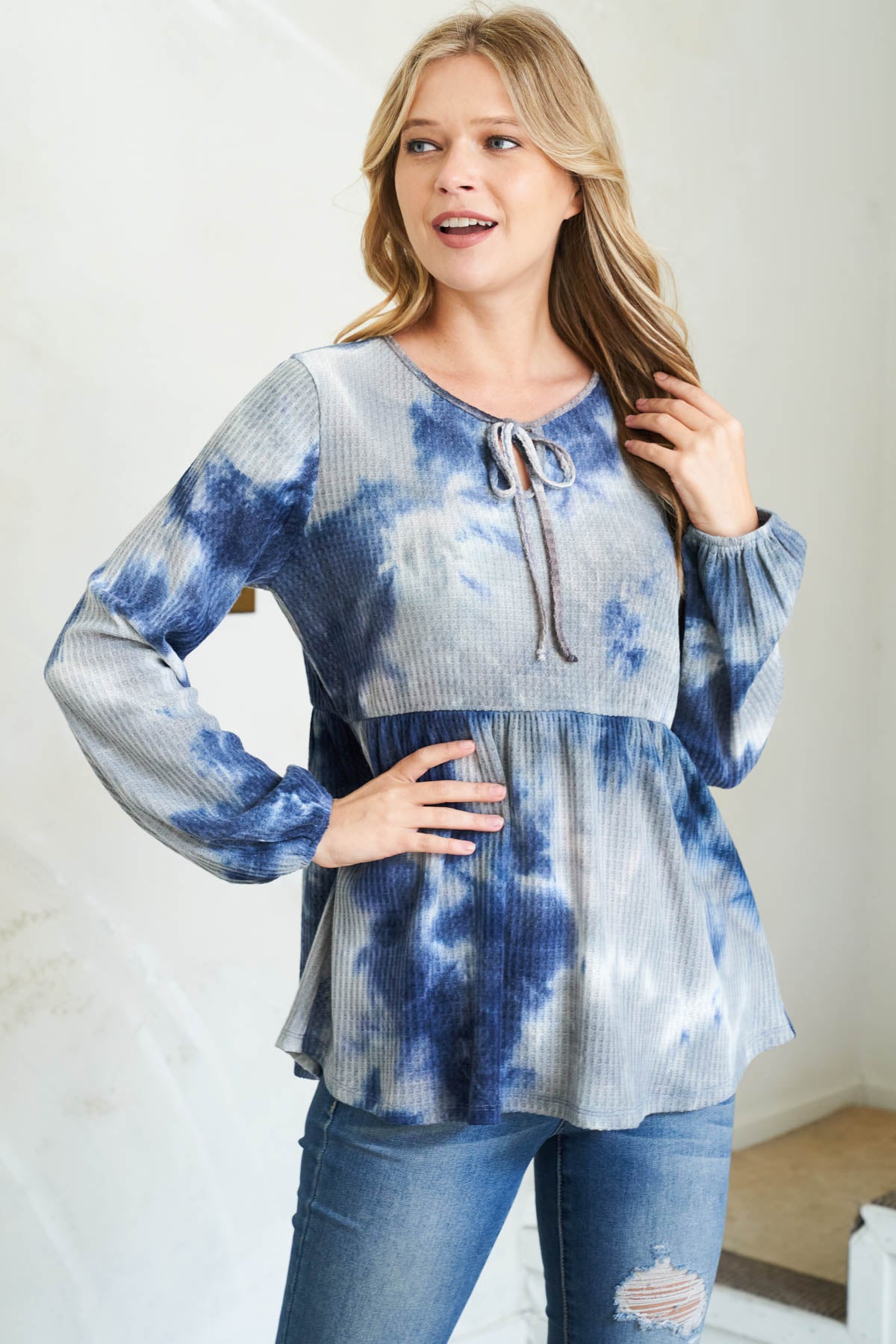 PUFF SLEEVE NECKLINE RIBBON DETAIL TIE DYE WAFFLE TOP 1-2-2-2