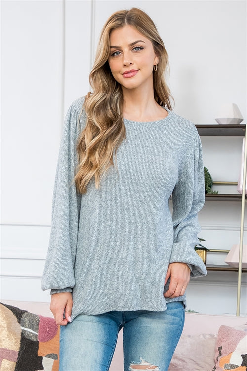 PPT21177X-PLUS SIZE PUFF SLEEVE BELLA RIB TOP 3-2-1