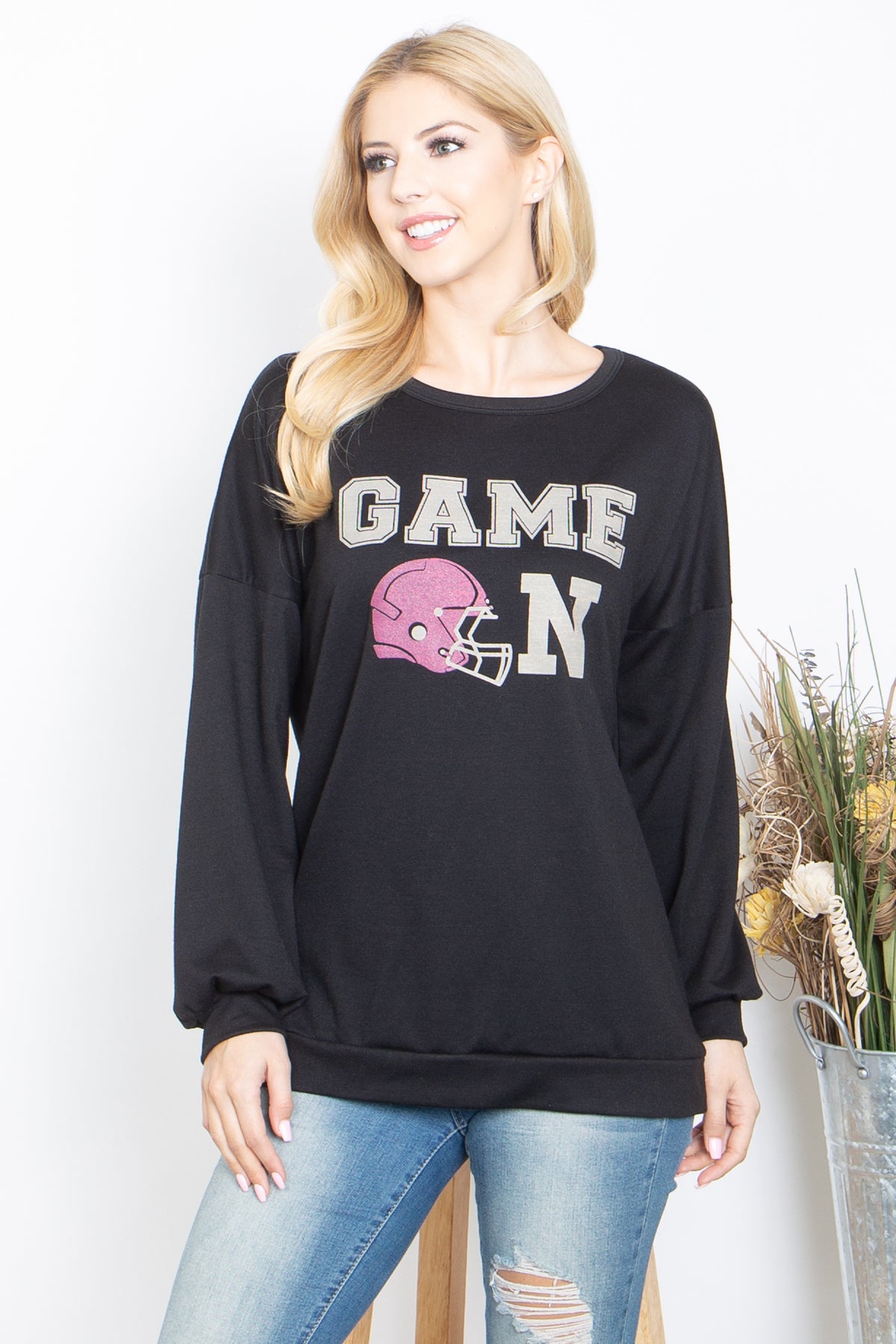 "GAME ON" PRINTED ROUND NECK PULLOVER TOP (NOW $6.75 ONLY!)