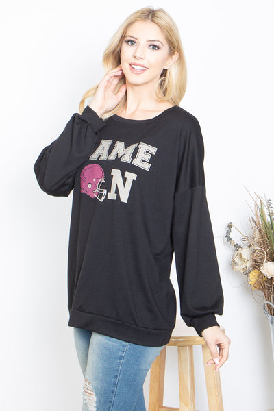 "GAME ON" PRINTED ROUND NECK PULLOVER TOP (NOW $6.75 ONLY!)