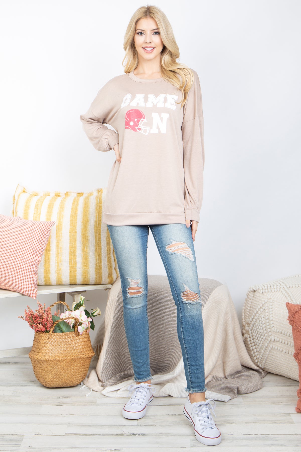 "GAME ON" PRINTED ROUND NECK PULLOVER TOP (NOW $6.75 ONLY!)