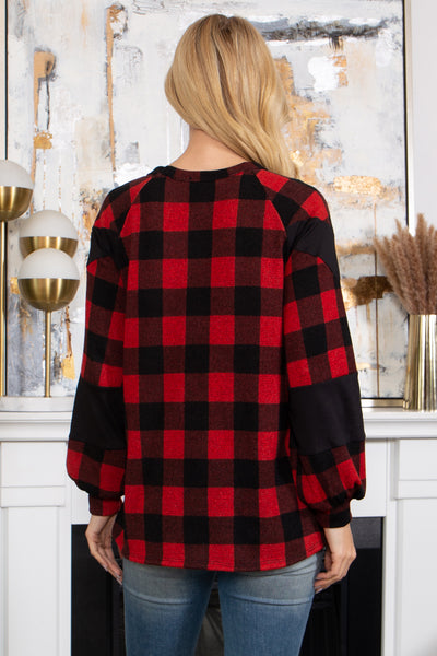 CHEVRON DETAIL PLAID PUFF SLEEVE TOP 1-2-2-2