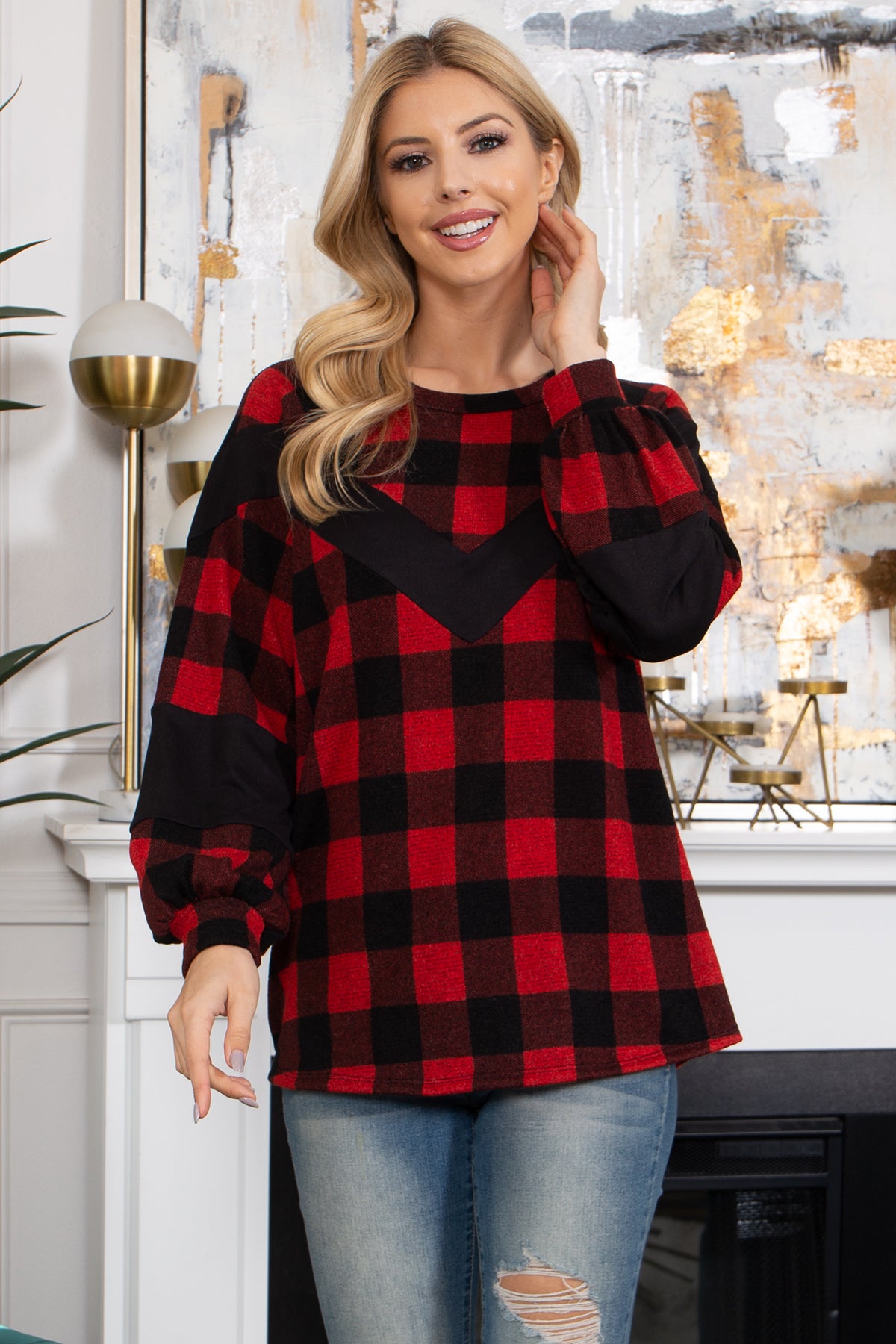 CHEVRON DETAIL PLAID PUFF SLEEVE TOP 1-2-2-2