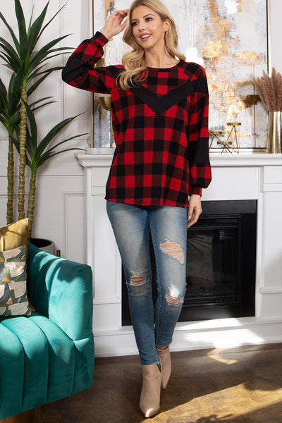 CHEVRON DETAIL PLAID PUFF SLEEVE TOP 1-2-2-2