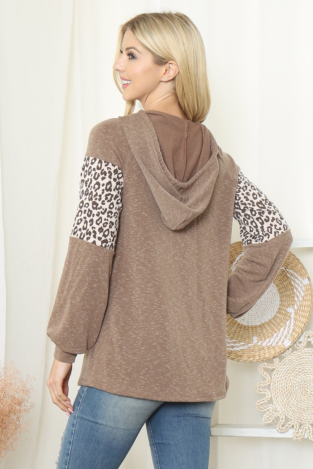 PPT21514-MCTP - ANIMAL PRINT CONTRAST PUFF SLEEVE HOODIE TOP- MOCHA-TAUPE 1-1-1-1