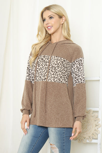 PPT21514-MCTP - ANIMAL PRINT CONTRAST PUFF SLEEVE HOODIE TOP- MOCHA-TAUPE 1-1-1-1