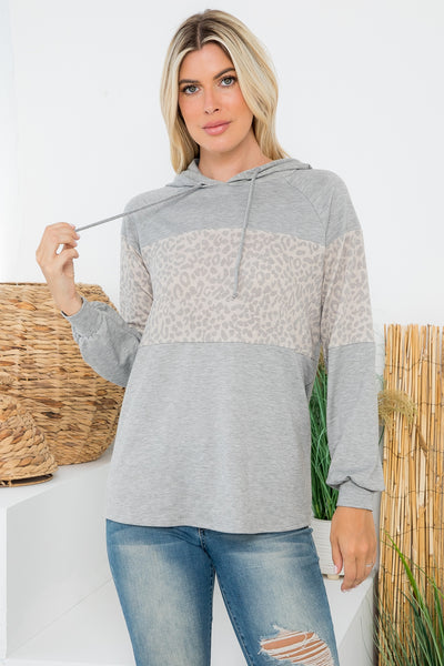 ANIMAL PRINT CONTRAST PUFF SLEEVE HOODIE TOP  1-1-1-1