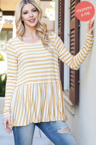 STRIPE REVERSE COVER STITCHED SHIRRING HEM TOP 1-2-2-1