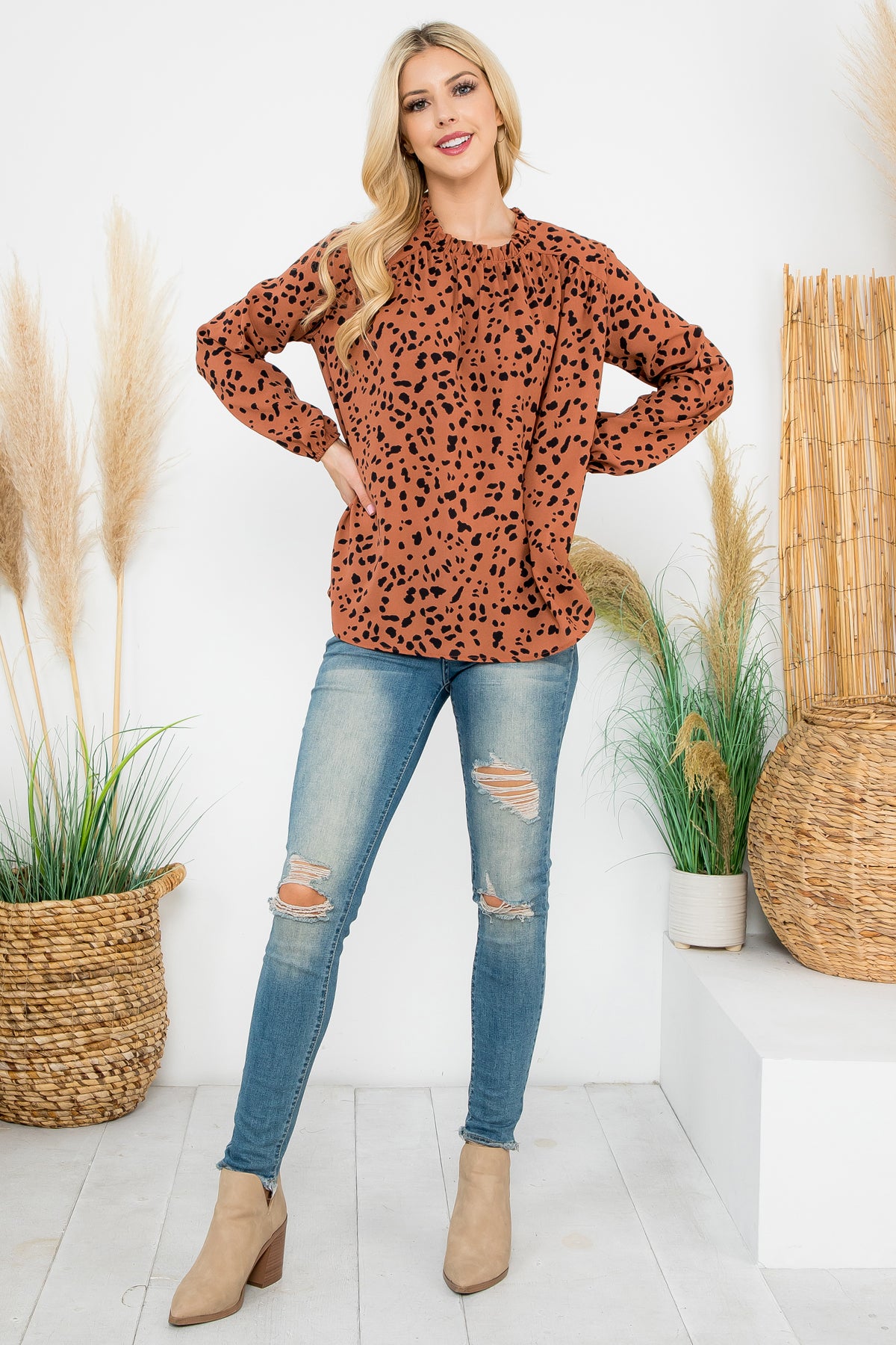 PUFF SLEEVE MERROW NECKLINE ANIMAL PRINT WOVEN TOP 1-2-2-1 (NOW $8.75 ONLY!)