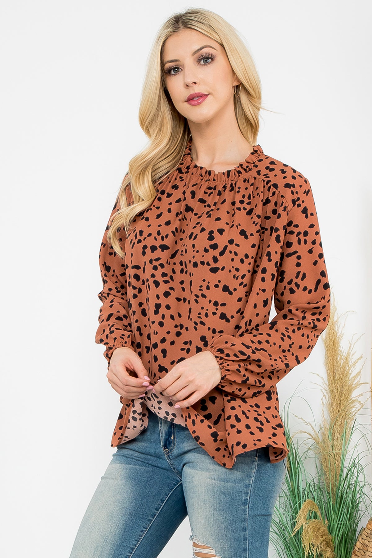 PUFF SLEEVE MERROW NECKLINE ANIMAL PRINT WOVEN TOP 1-2-2-1 (NOW $8.75 ONLY!)