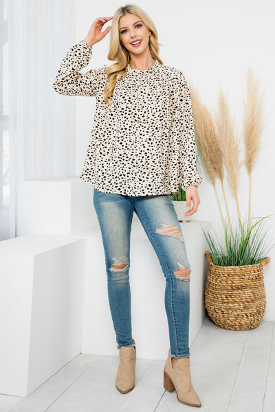 PUFF SLEEVE MERROW NECKLINE ANIMAL PRINT WOVEN TOP 1-2-2-1