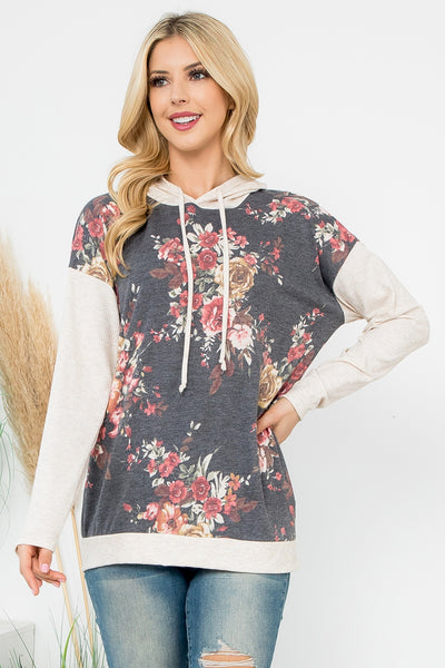 FLORAL PRINT HOODIE WITH DRAWSTRING 1-2-2-1