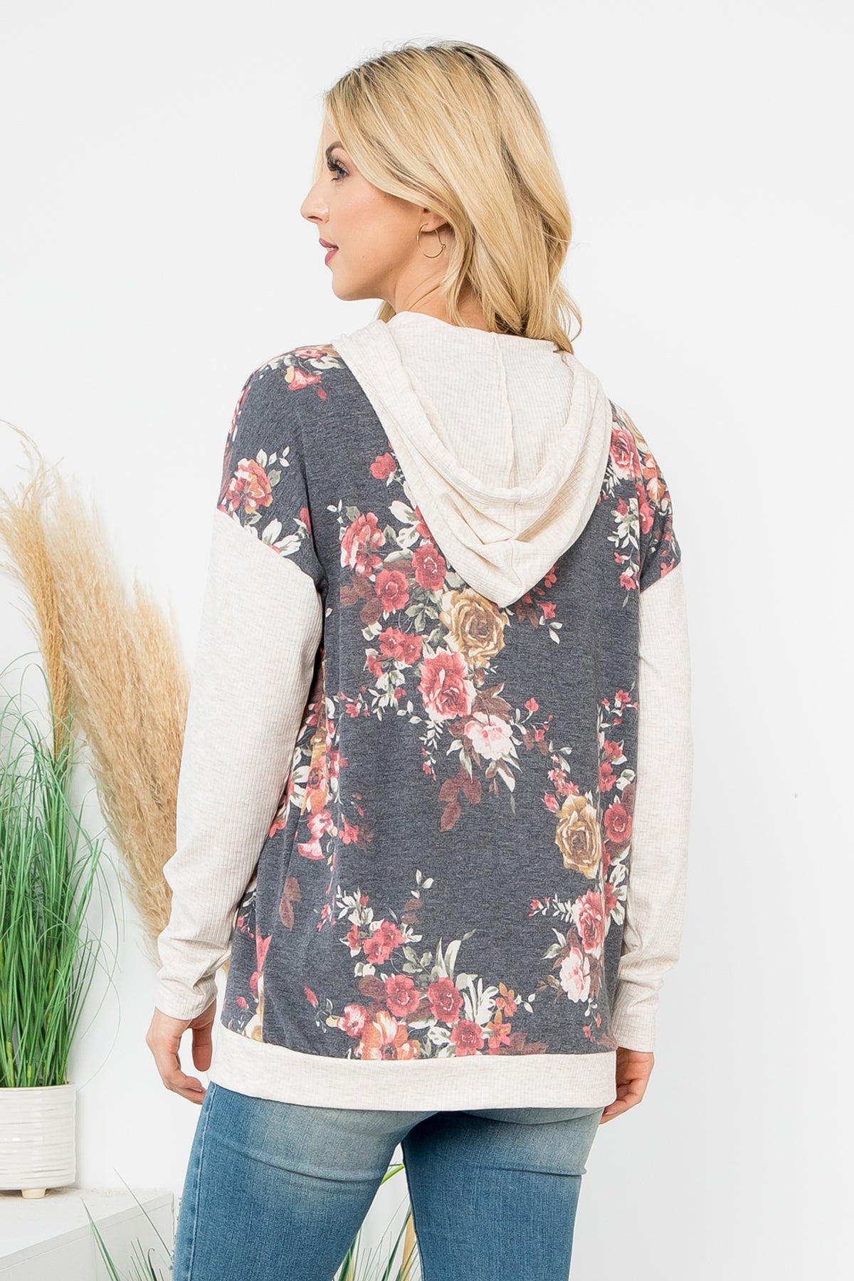 FLORAL PRINT HOODIE WITH DRAWSTRING 1-2-2-1