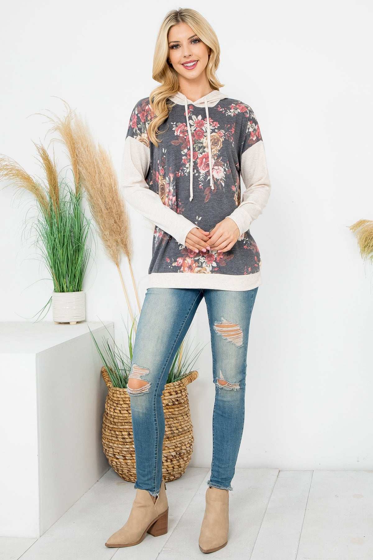 FLORAL PRINT HOODIE WITH DRAWSTRING 1-2-2-1