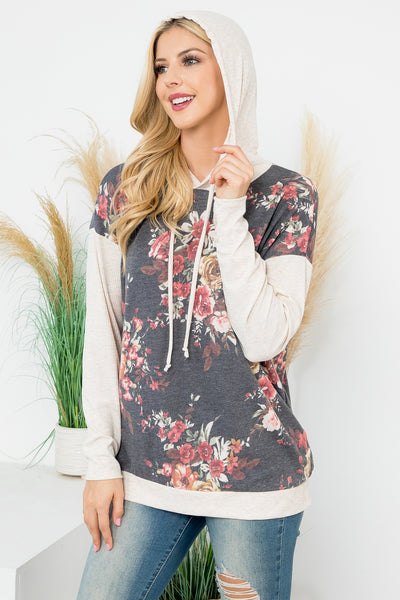 FLORAL PRINT HOODIE WITH DRAWSTRING 1-2-2-1