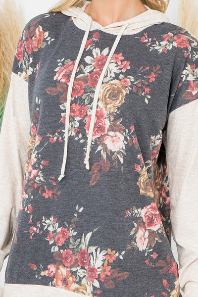 FLORAL PRINT HOODIE WITH DRAWSTRING 1-2-2-1