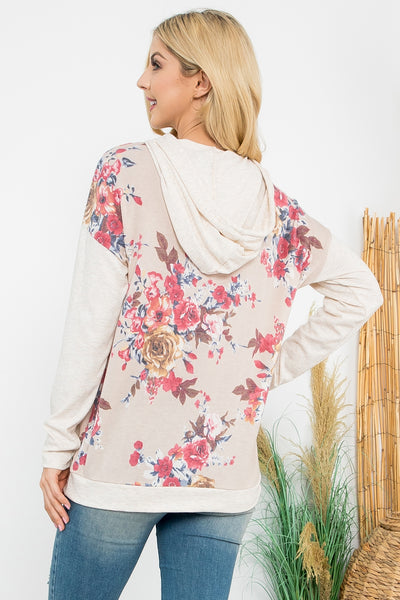 FLORAL PRINT HOODIE WITH DRAWSTRING 1-2-2-1