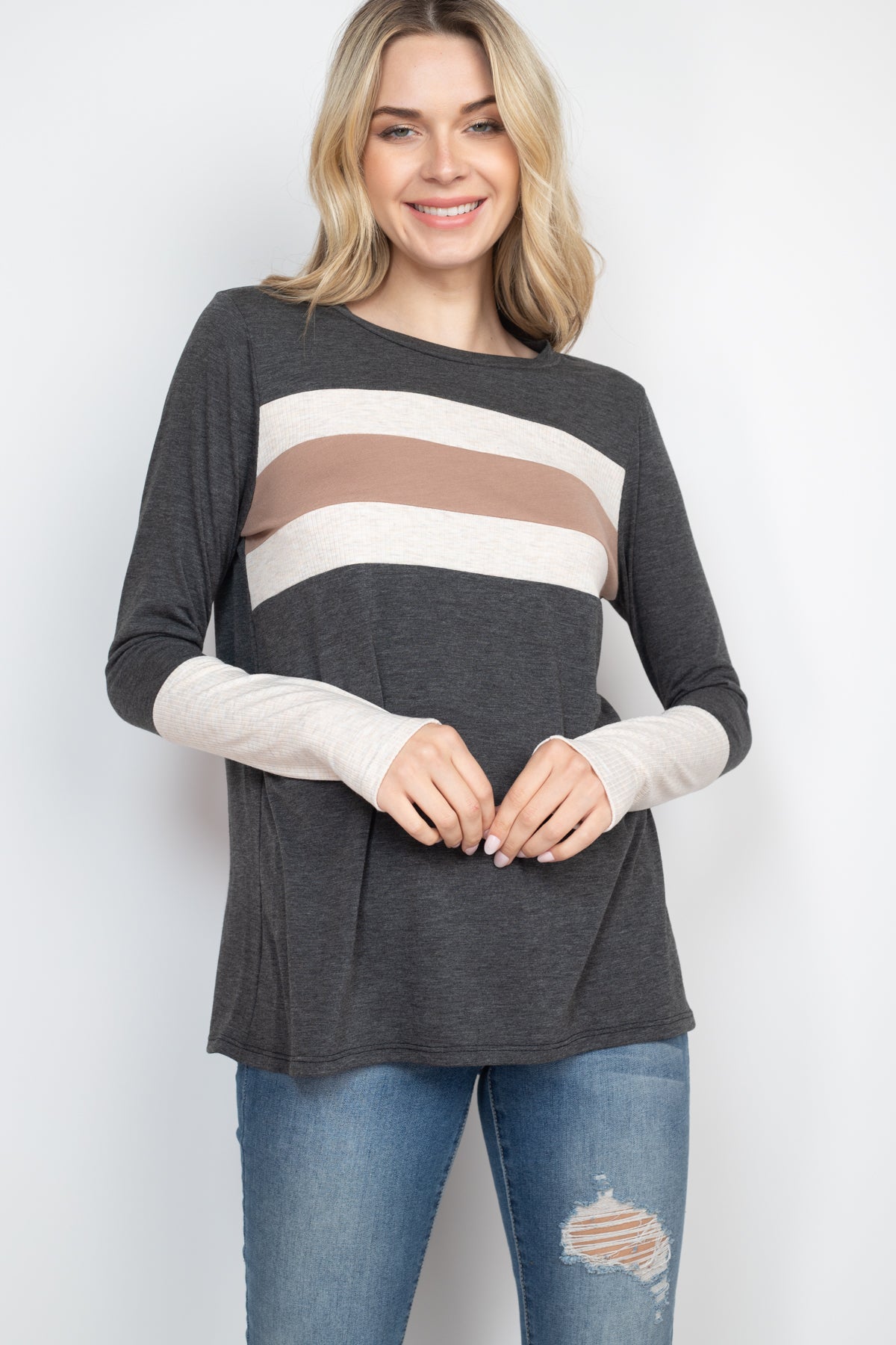 THUMBHOLE LONG SLEEVE RIB CONTRAST TOP 1-2-2-2 (NOW $6.75 ONLY! )