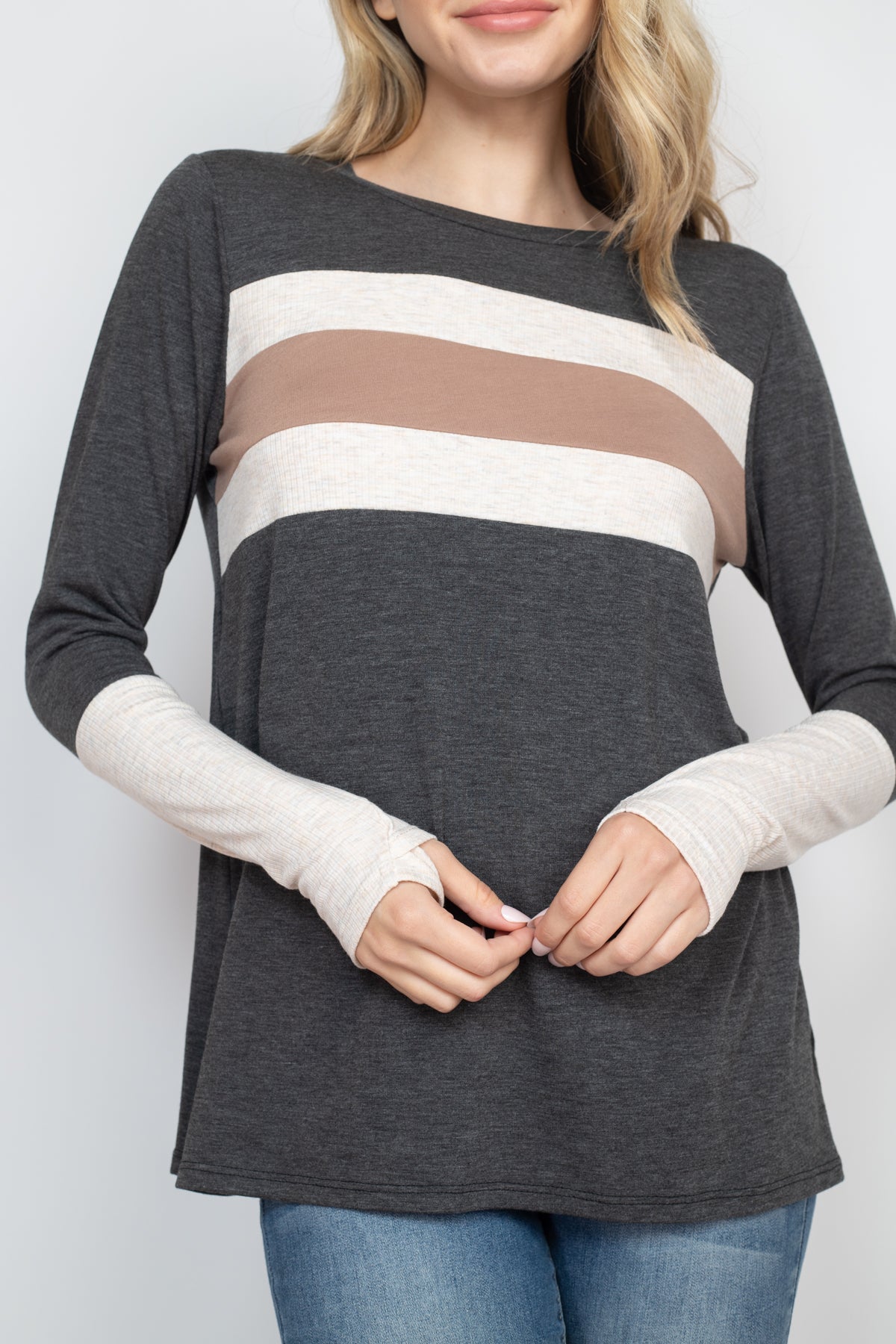 THUMBHOLE LONG SLEEVE RIB CONTRAST TOP 1-2-2-2 (NOW $6.75 ONLY! )