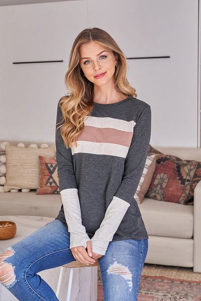 THUMBHOLE LONG SLEEVE RIB CONTRAST TOP 1-2-2-2 (NOW $6.75 ONLY! )