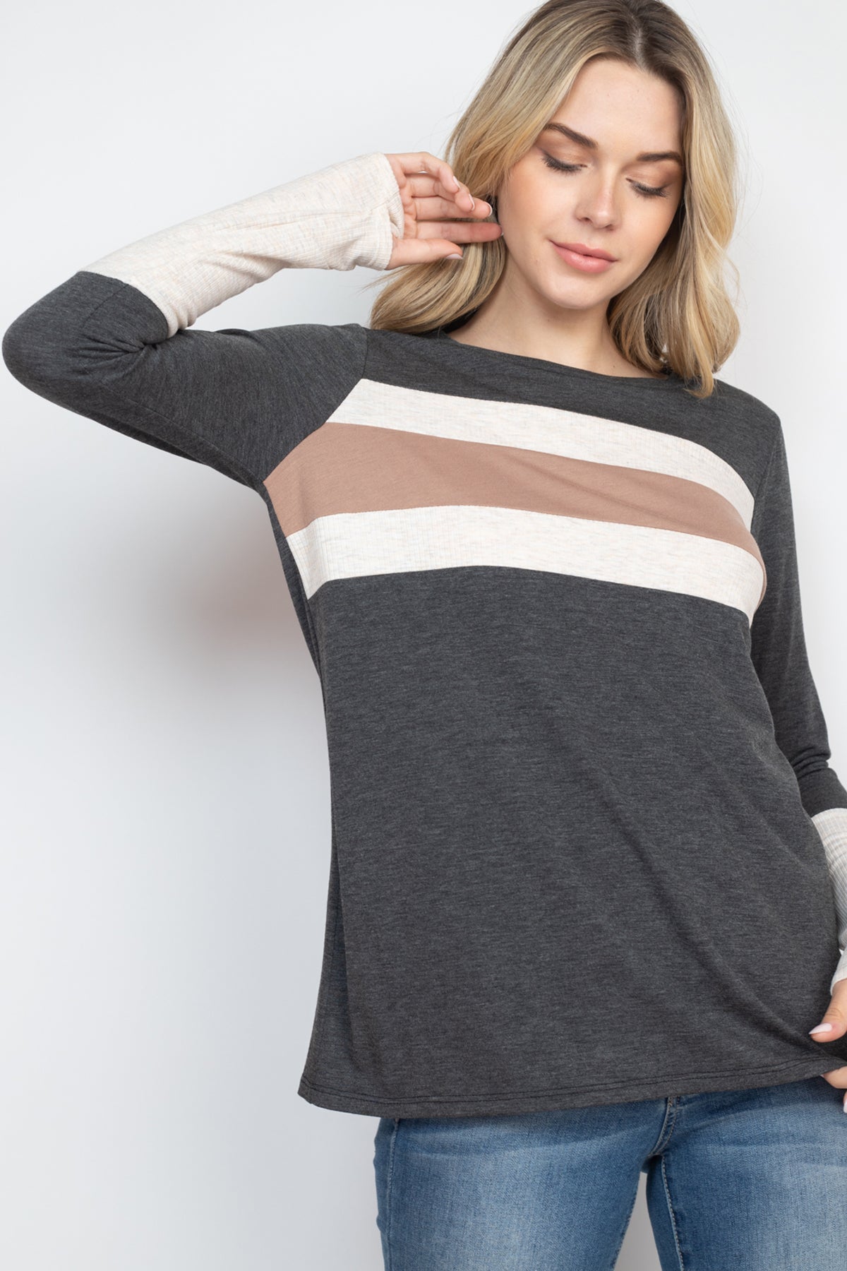 THUMBHOLE LONG SLEEVE RIB CONTRAST TOP 1-2-2-2 (NOW $6.75 ONLY! )