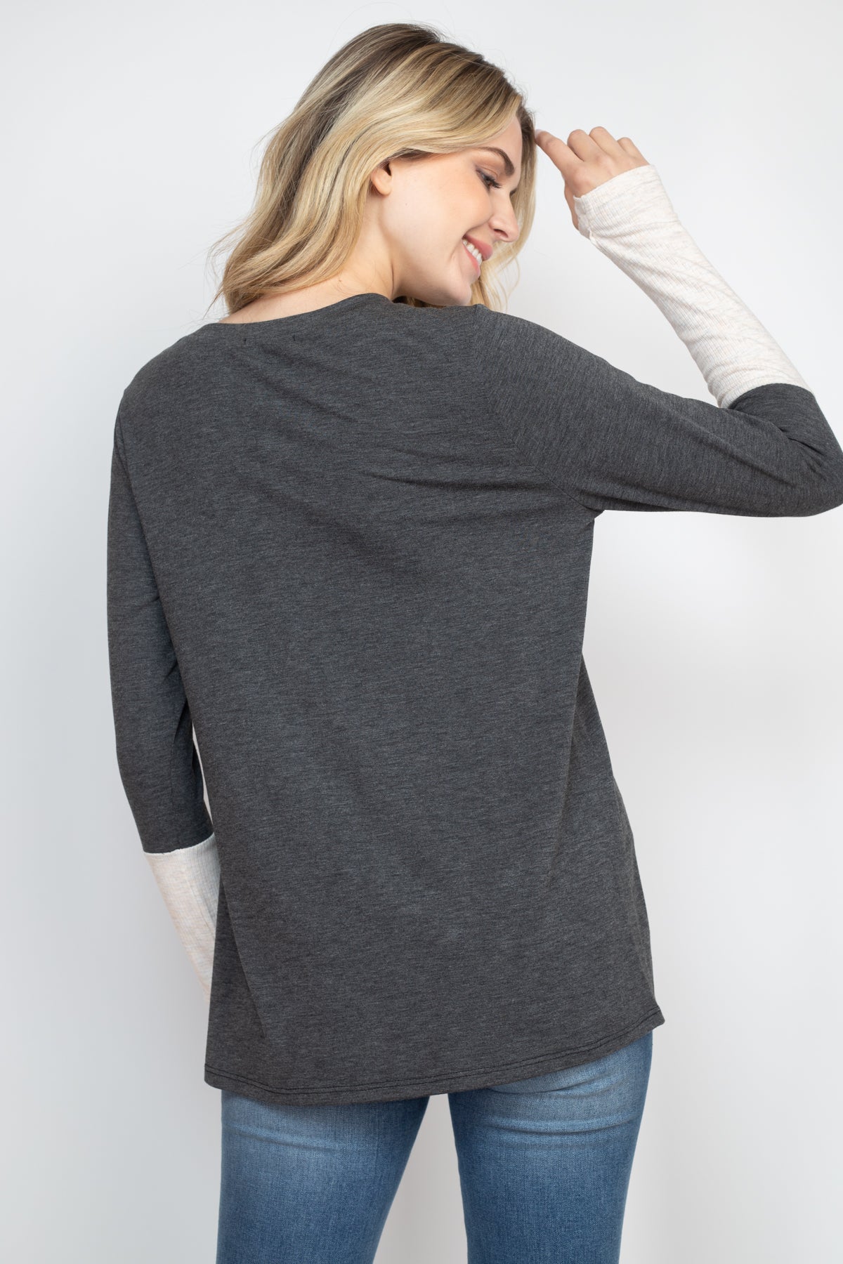 THUMBHOLE LONG SLEEVE RIB CONTRAST TOP 1-2-2-2 (NOW $6.75 ONLY! )