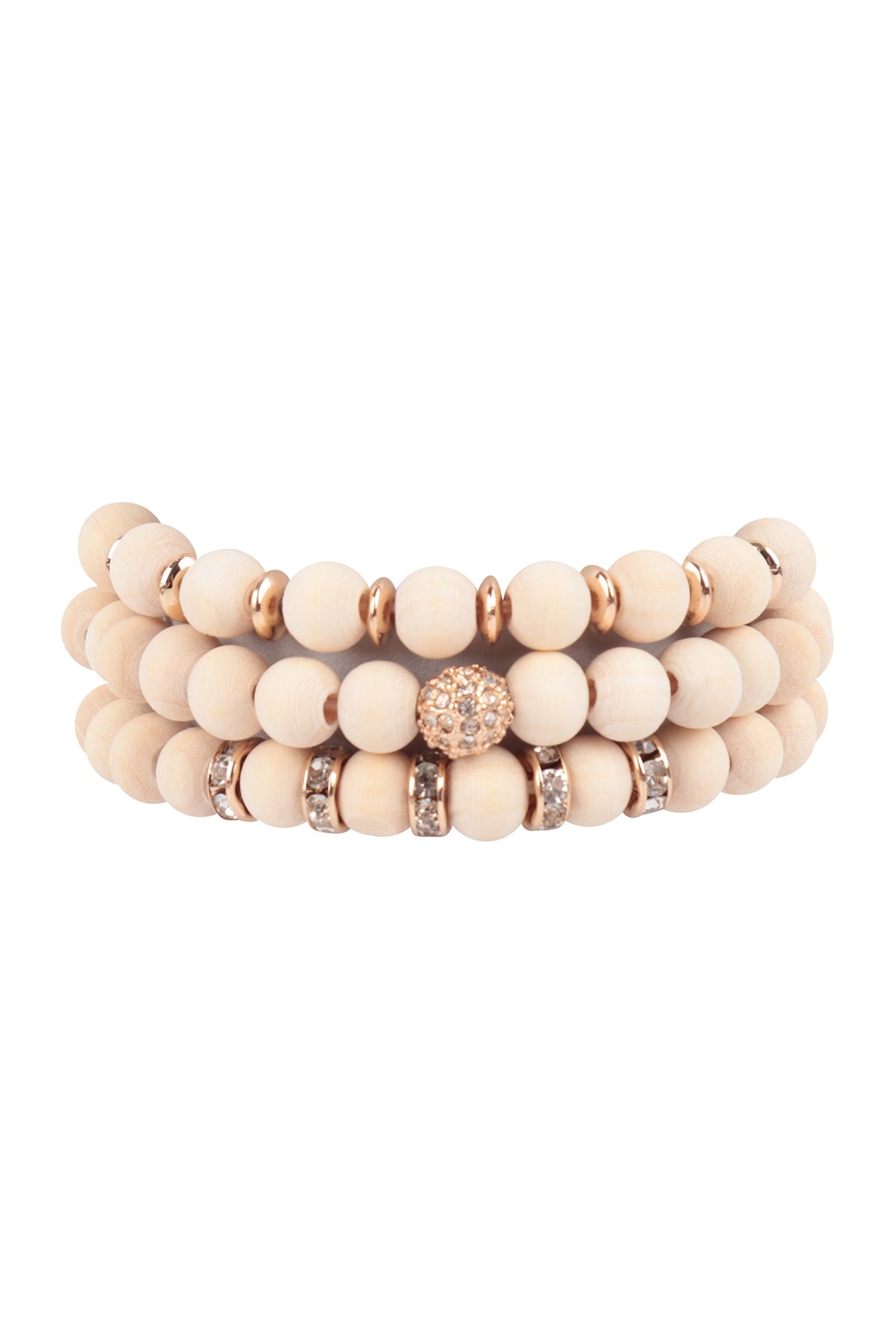 WOOD BEAD W/ PAVE RHINESTONE STRETCH BRACELET SET