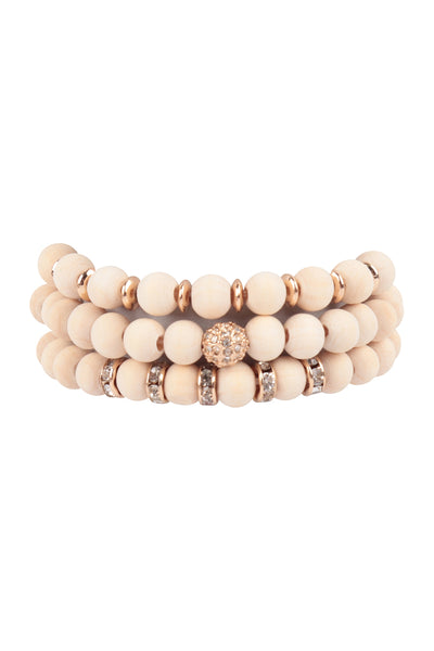 WOOD BEAD W/ PAVE RHINESTONE STRETCH BRACELET SET