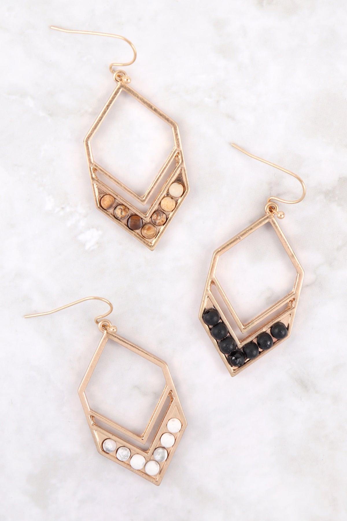 CHEVRON W/ NATURAL STONE DROP FISH HOOK EARRINGS