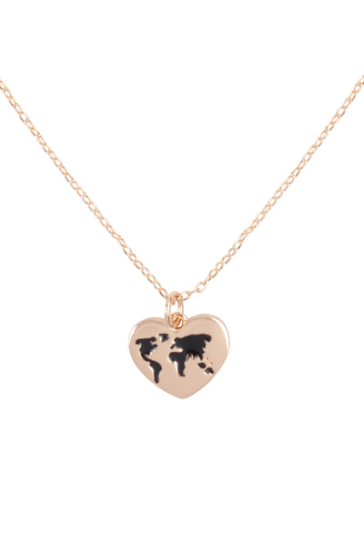 GLOBE TRAVEL HEART PENDANT BRASS NECKLACE