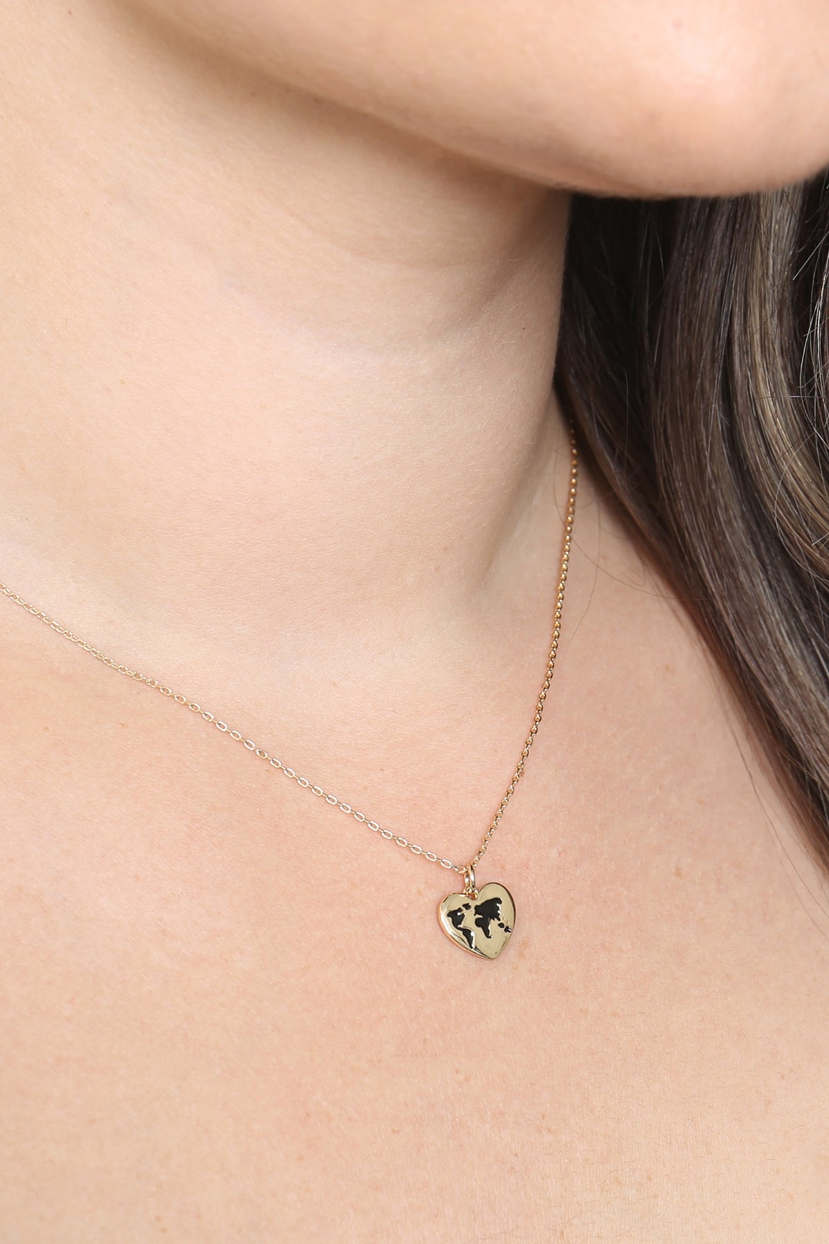 GLOBE TRAVEL HEART PENDANT BRASS NECKLACE