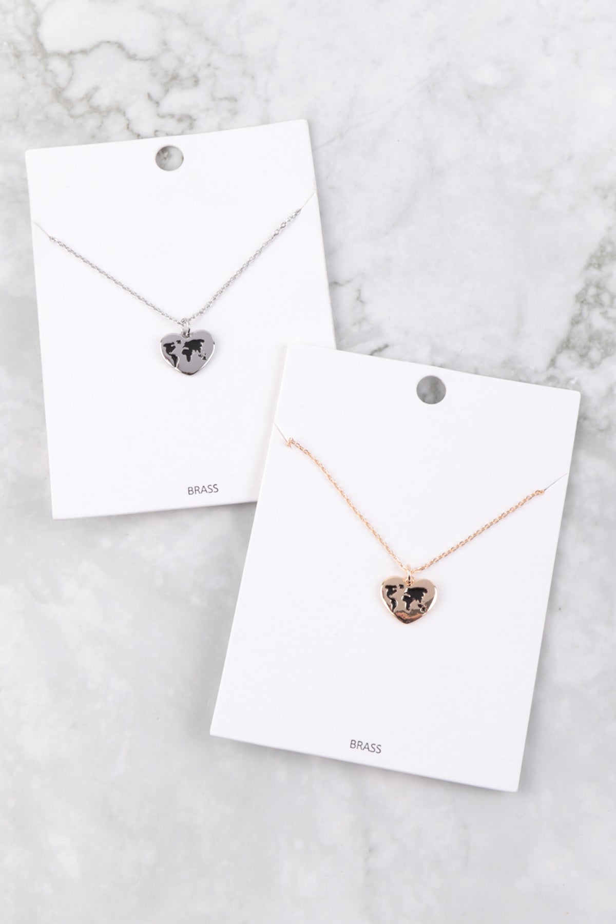 GLOBE TRAVEL HEART PENDANT BRASS NECKLACE