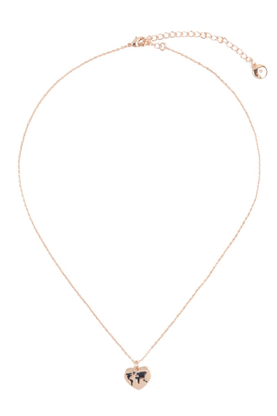 GLOBE TRAVEL HEART PENDANT BRASS NECKLACE