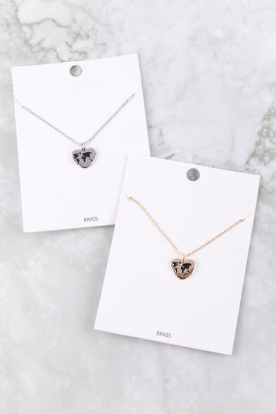 GLOBE TRAVEL HEART PENDANT BRASS NECKLACE