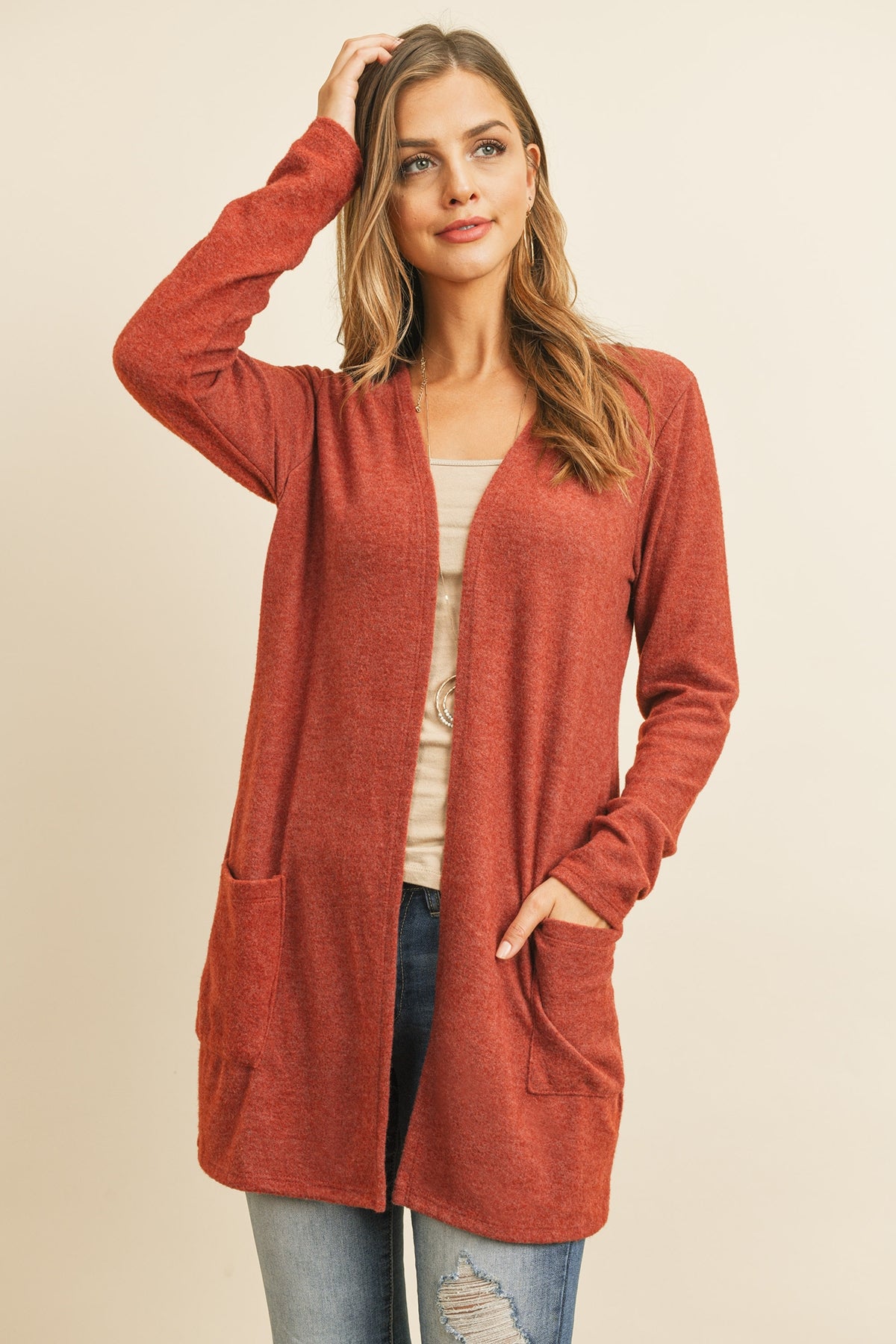 SOLID LONG SLEEVED OPEN FRONT POCKET CARDIGAN 1-2-2-2