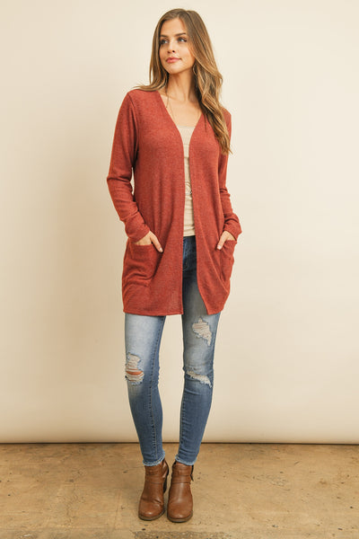 SOLID LONG SLEEVED OPEN FRONT POCKET CARDIGAN 1-2-2-2