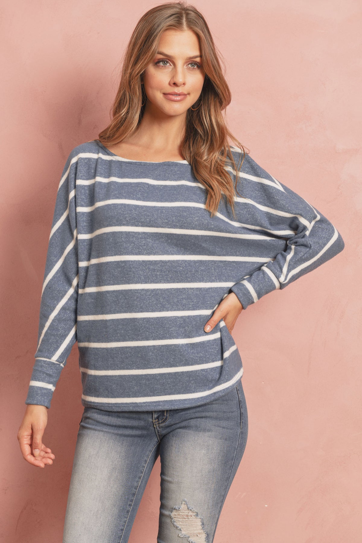 BRUSHED HACCI STRIPE DOLMAN TOP-TEAL/WHITE 1-1-0-4